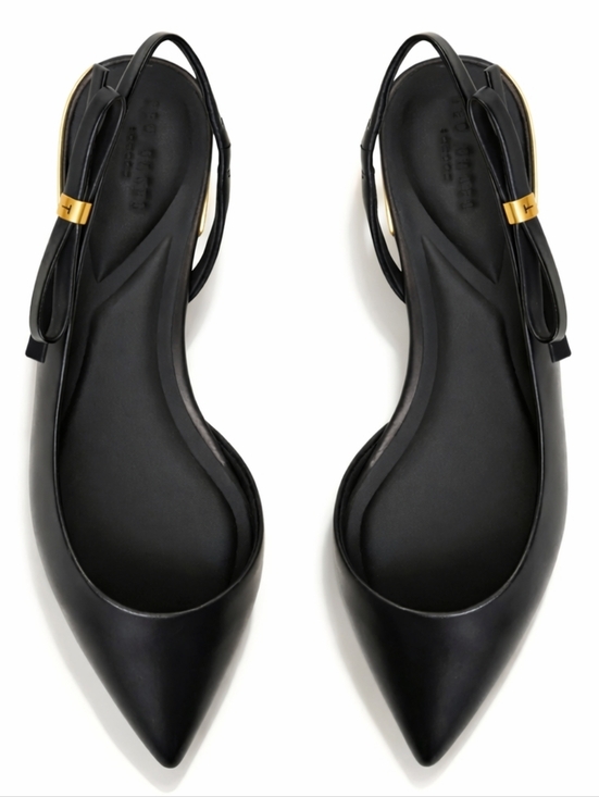 Ted Baker Shoes - Ted Baker JANE Bow Slingback Flats Black Leather Pointed Toe Gold Detail Minimal